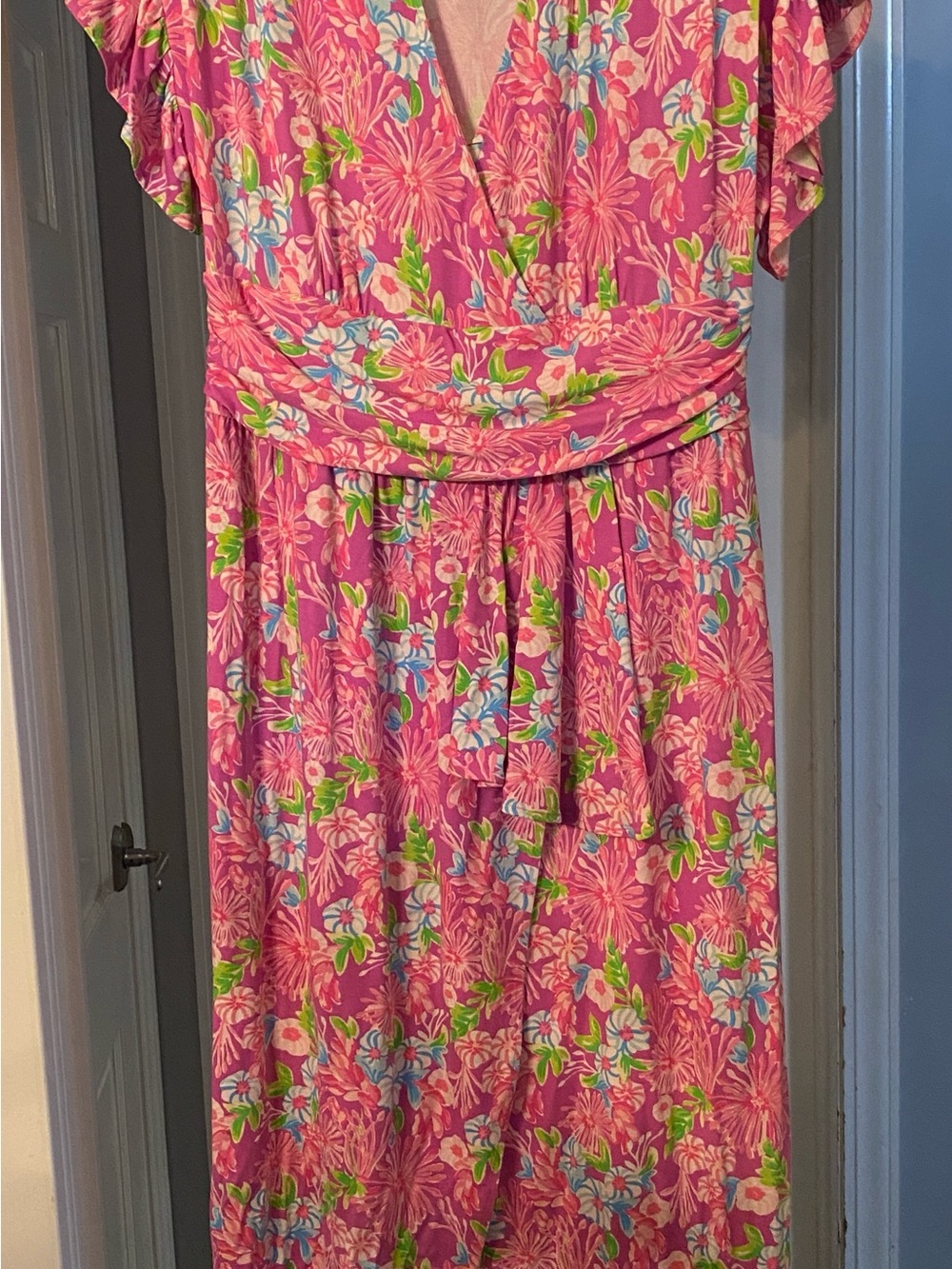 Lilly Pulitzer Anchorage Maxi Dress with deep V-Neck in Moms The Word print.